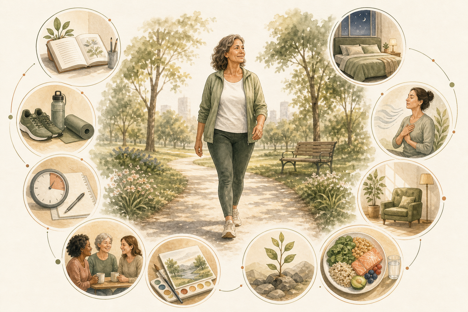 Mulher caminhando em parque, cercada por imagens que representam educação, exercício, sono, ritmo das atividades, relaxamento, apoio social, lazer, resiliência, alimentação e adaptação do ambiente.
