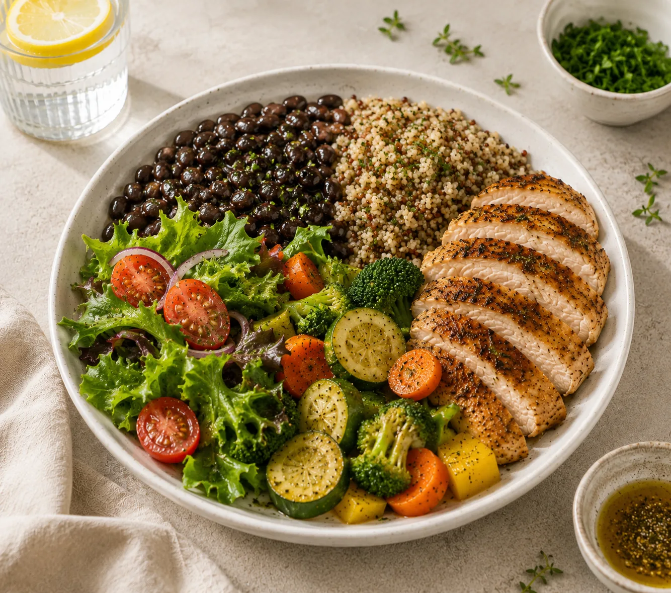 Prato de almoço colorido com frango, feijões, quinoa e legumes