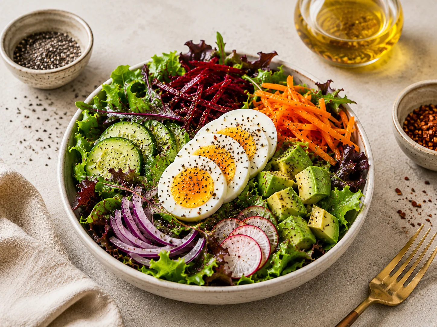 Bowl de salada colorida com folhas, ovo, avocado, sementes e azeite extravirgem
