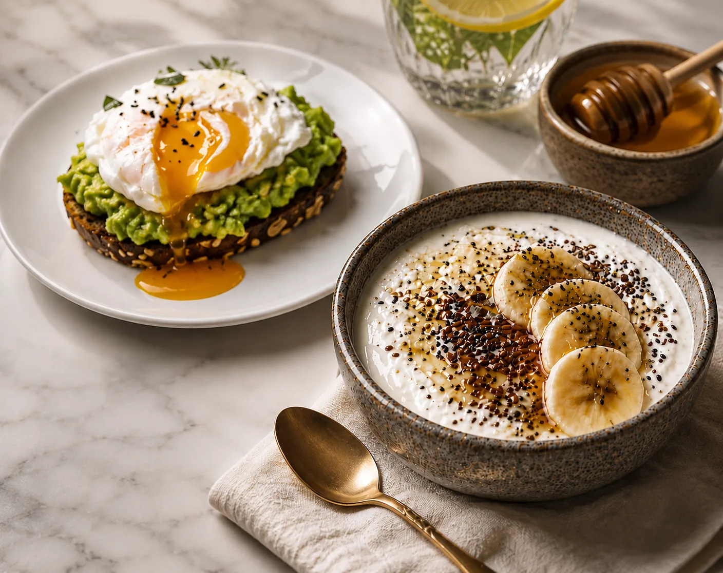 Café da manhã com torrada integral, avocado, ovo e iogurte natural com banana, chia e granola