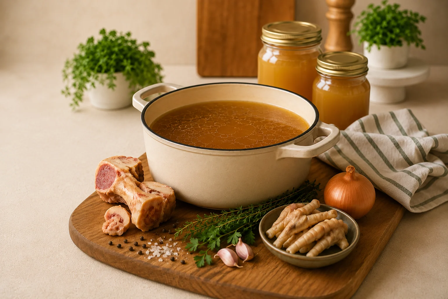 Panela de caldo de ossos com ossos variados, ervas e recipientes para armazenamento
