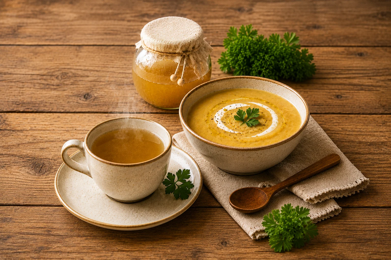 Caldo de ossos servido em xícara e usado como base para uma sopa cremosa