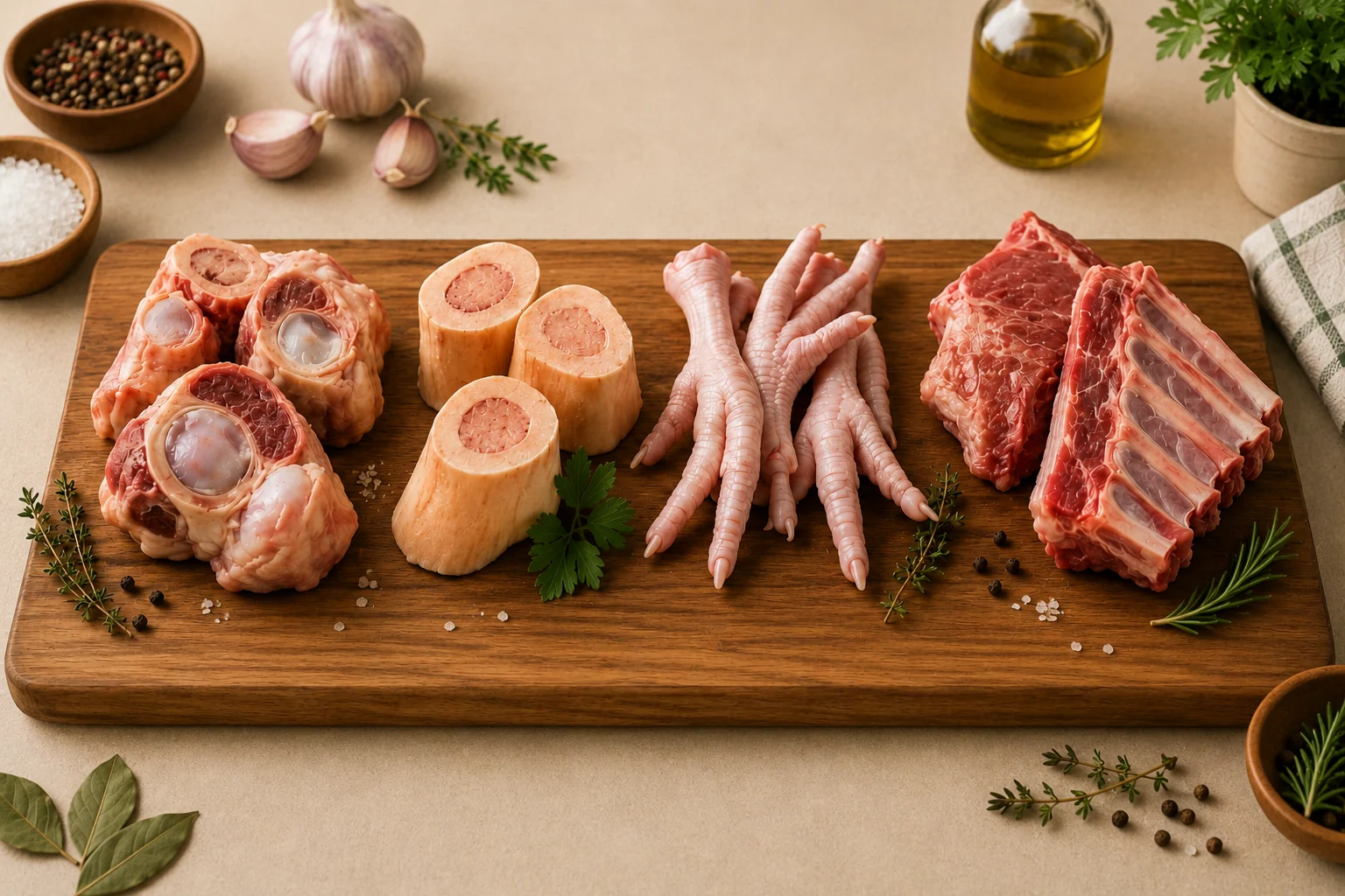 Ossos articulares, ossos com tutano, pés de galinha e costela para preparar caldo de ossos