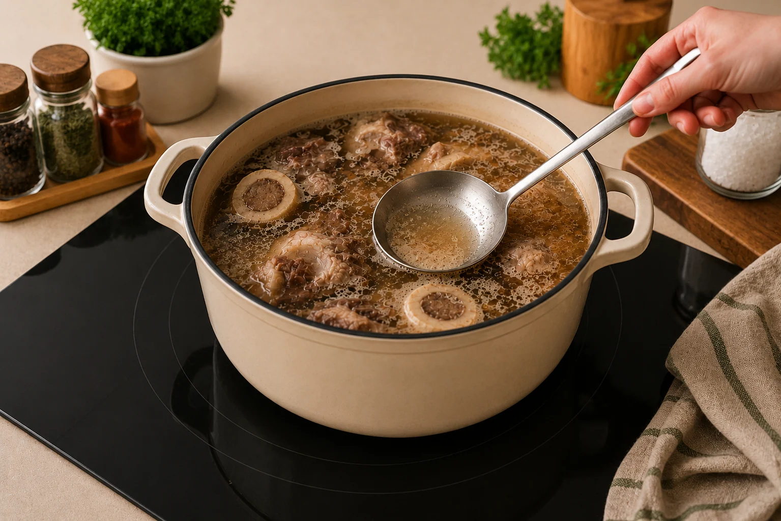 Caldo de ossos no início do cozimento, com a espuma sendo retirada