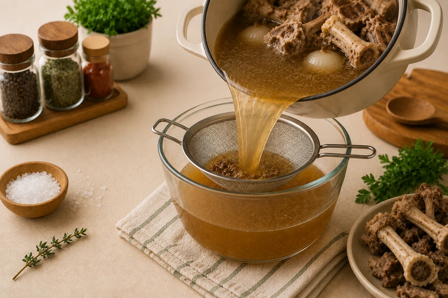 Caldo de ossos sendo coado em peneira fina