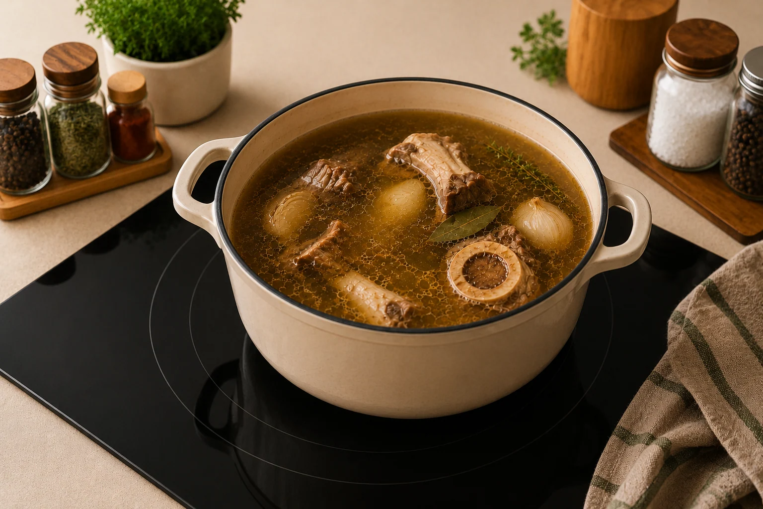 Caldo de ossos em cozimento lento com cebola e ervas