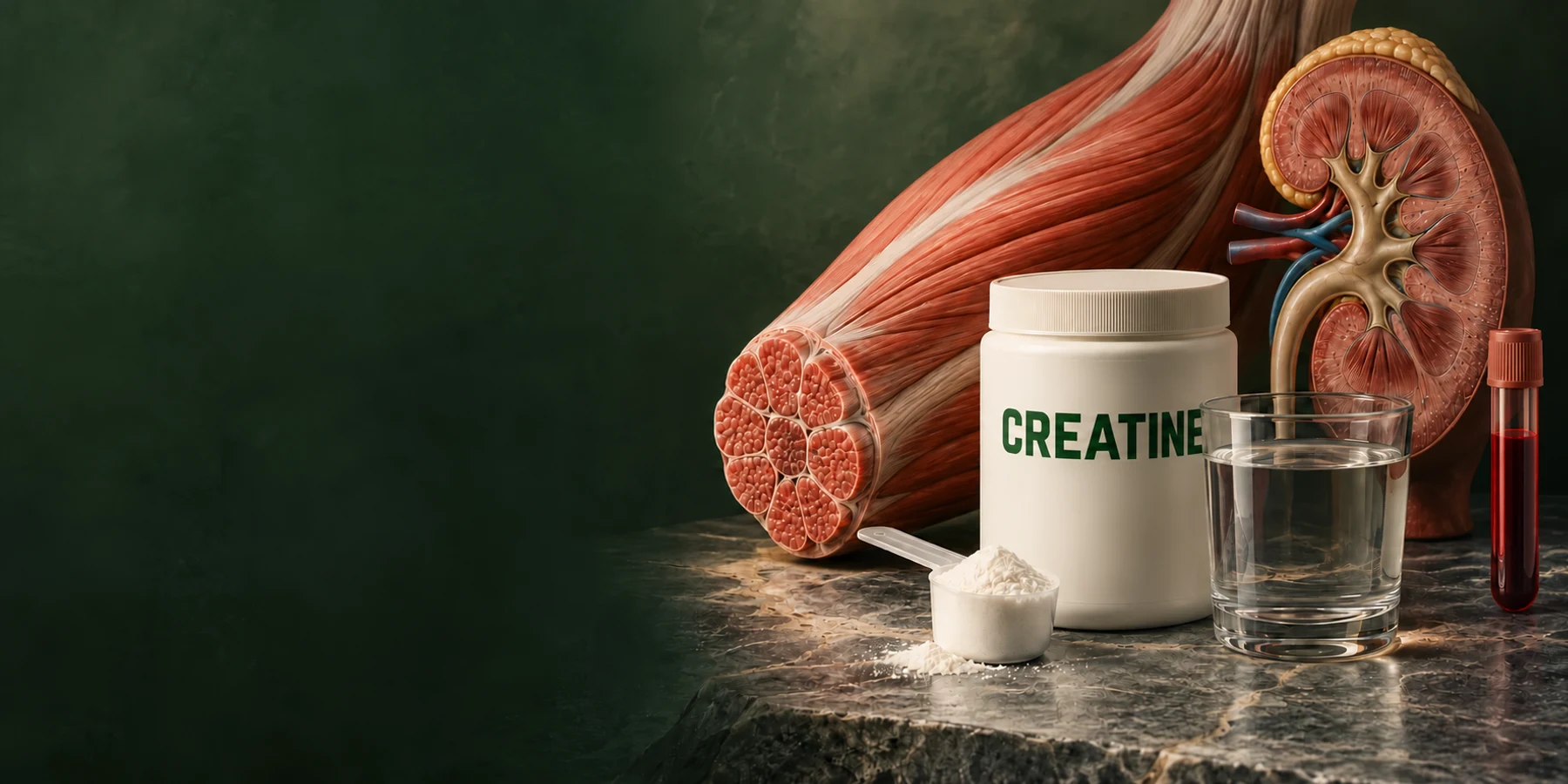 White jar labelled Creatine, scoop of powder and water alongside muscle, kidney and blood-tube illustrations.