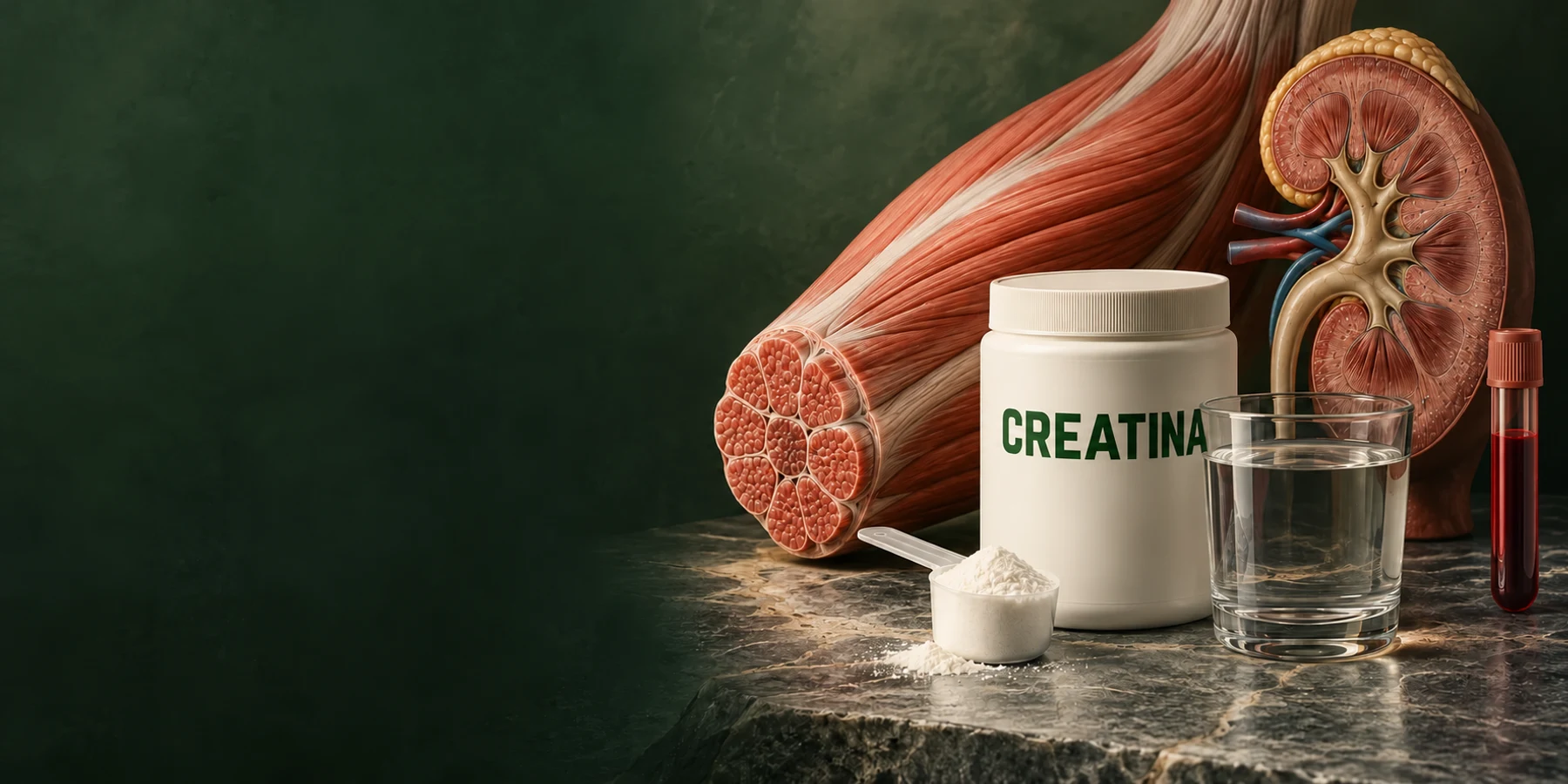 Frasco blanco identificado como Creatina, cuchara con polvo y agua junto a ilustraciones de músculo, riñón y tubo de sangre.