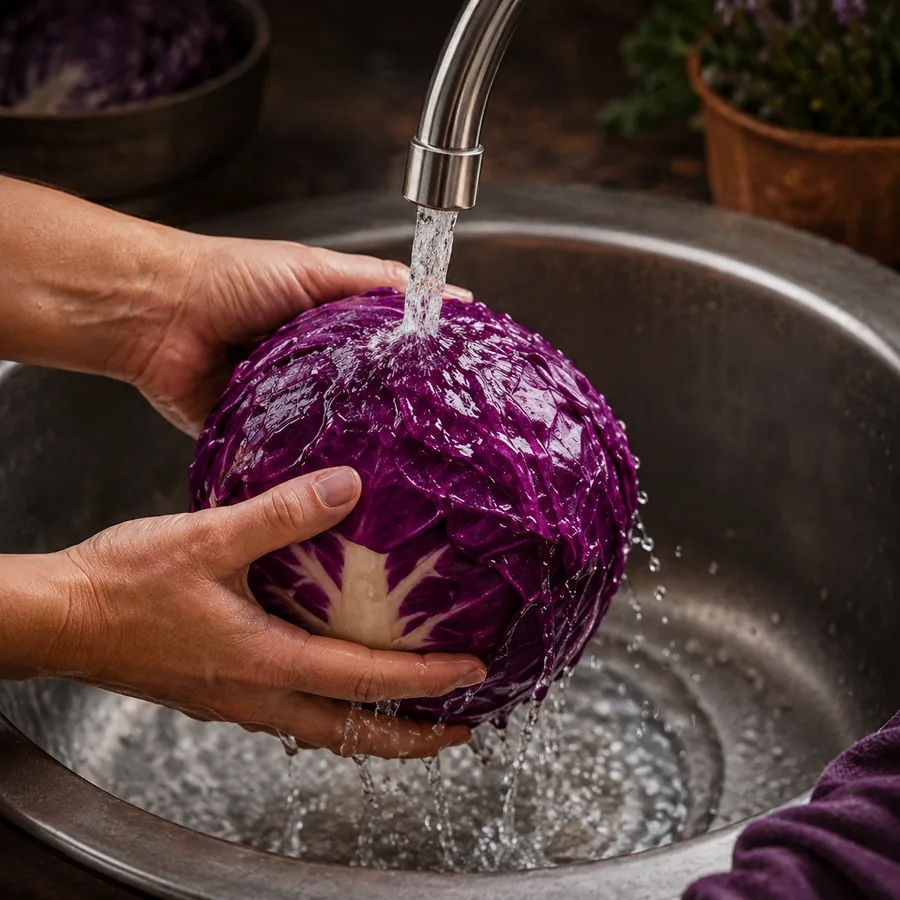 Repolho roxo sendo lavado em água corrente antes da fermentação