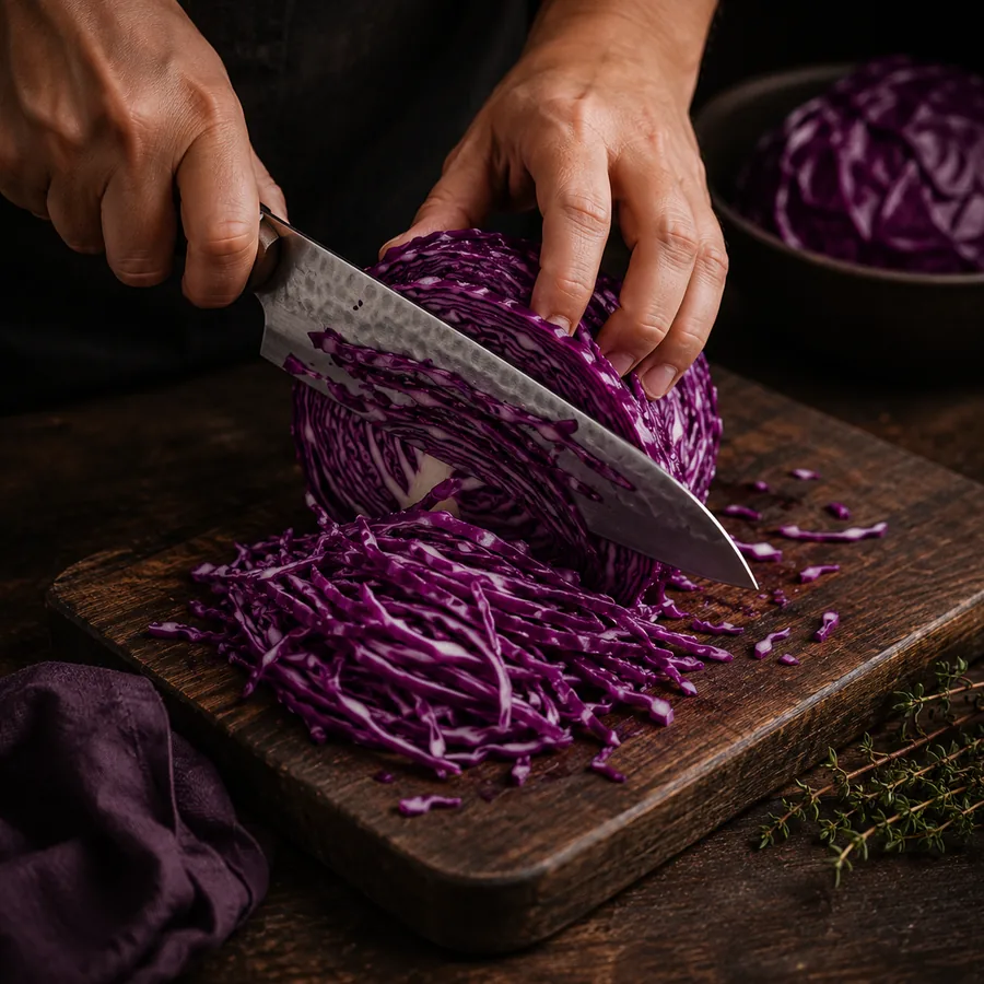 Repolho roxo sendo fatiado finamente com faca sobre tábua de madeira
