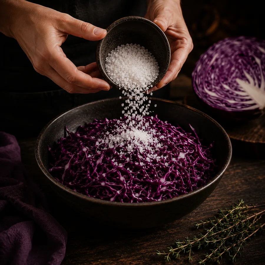 Sal sendo adicionado ao repolho roxo fatiado em uma tigela