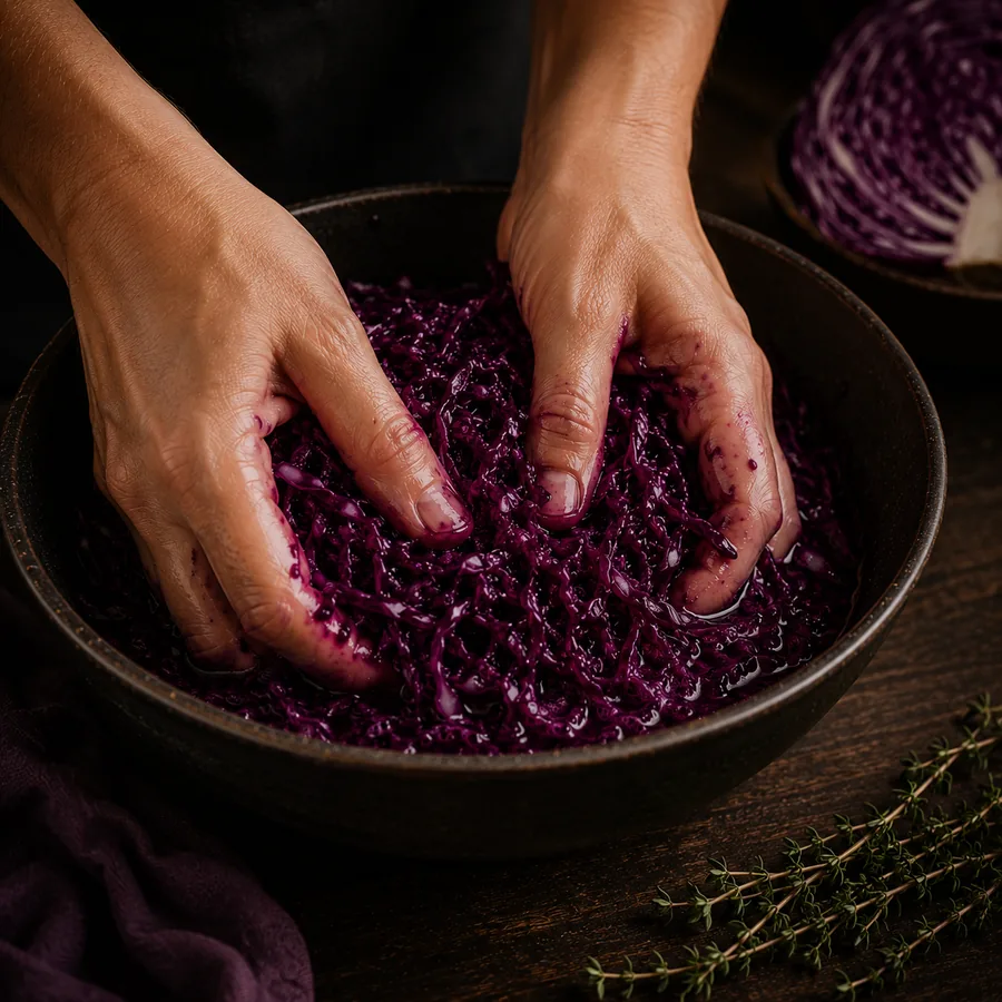Repolho roxo sendo massageado com sal até liberar líquido