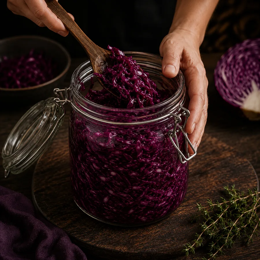 Repolho roxo salgado sendo colocado em pote de vidro limpo