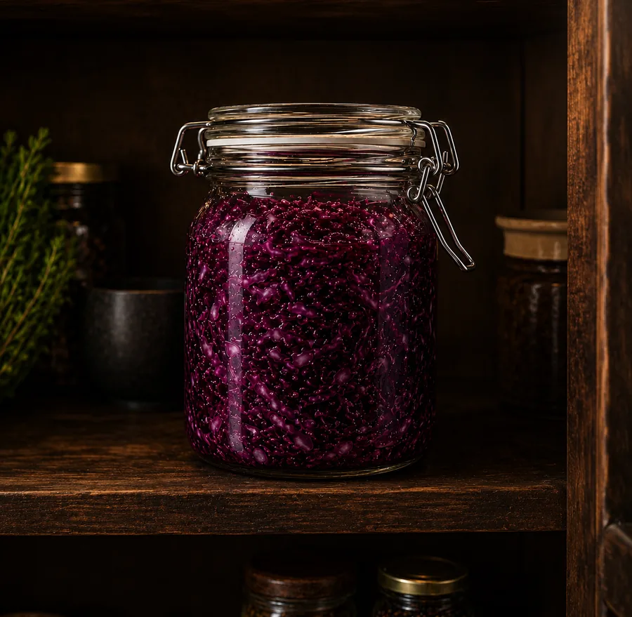 Pote fechado com repolho roxo fermentando em prateleira longe da luz direta