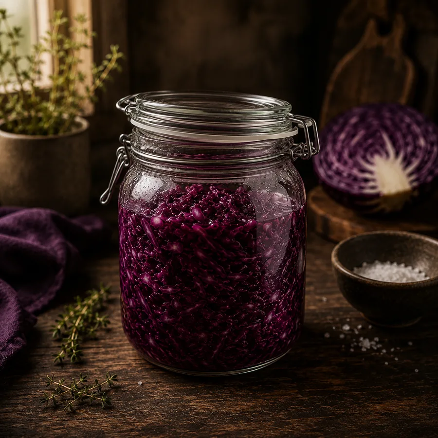 Pote de chucrute caseiro fermentado sobre mesa de madeira