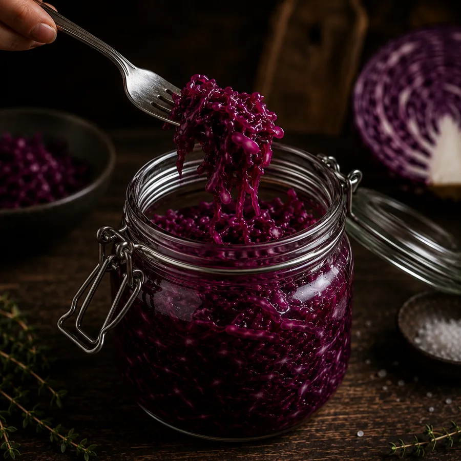 Chucrute de repolho roxo sendo retirado do pote com garfo