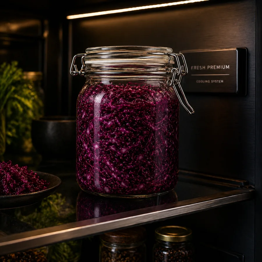 Pote de chucrute de repolho roxo armazenado na geladeira