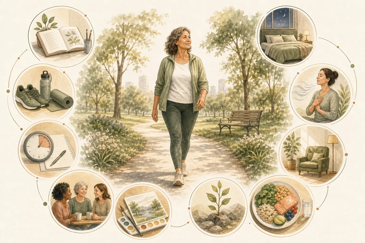 Mulher caminhando em parque, cercada por imagens que representam educação, exercício, sono, ritmo das atividades, relaxamento, apoio social, lazer, resiliência, alimentação e adaptação do ambiente