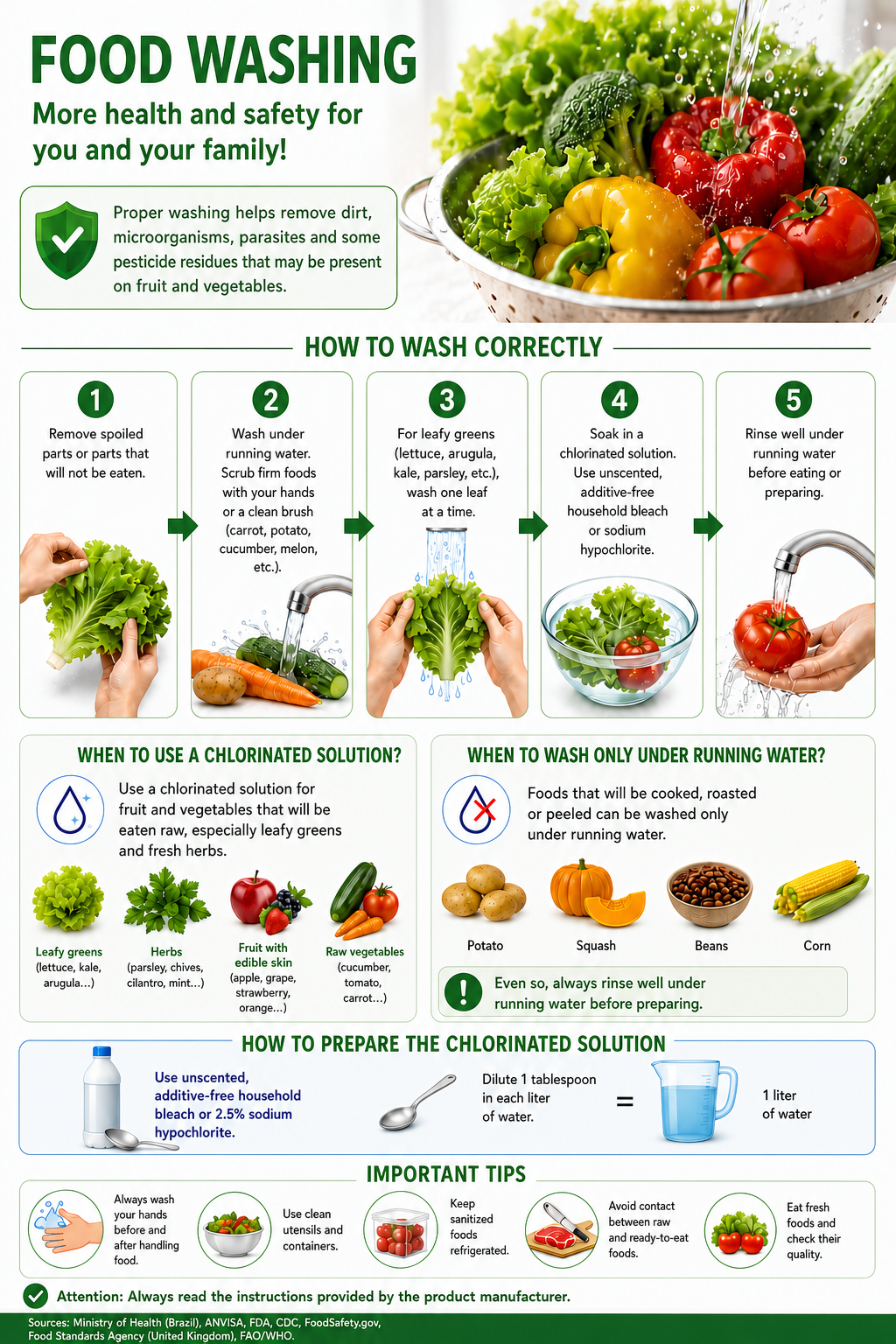 Complete illustrated food-washing guide with five washing steps, guidance on chlorinated solution, dilution preparation and safe handling.