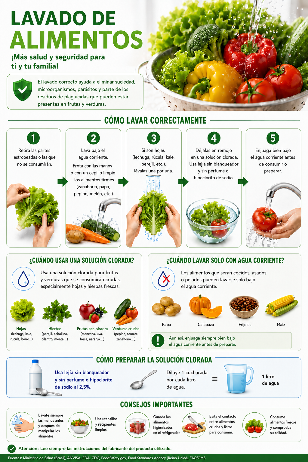 Guía ilustrada completa para lavar alimentos, con cinco etapas de lavado, orientación sobre la solución clorada, preparación de la dilución y manipulación segura.