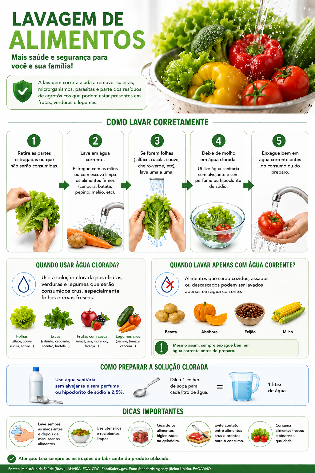 Guia ilustrado completo de higiene dos alimentos, com cinco etapas de lavagem, orientações sobre solução clorada, preparo da diluição e cuidados de manipulação.