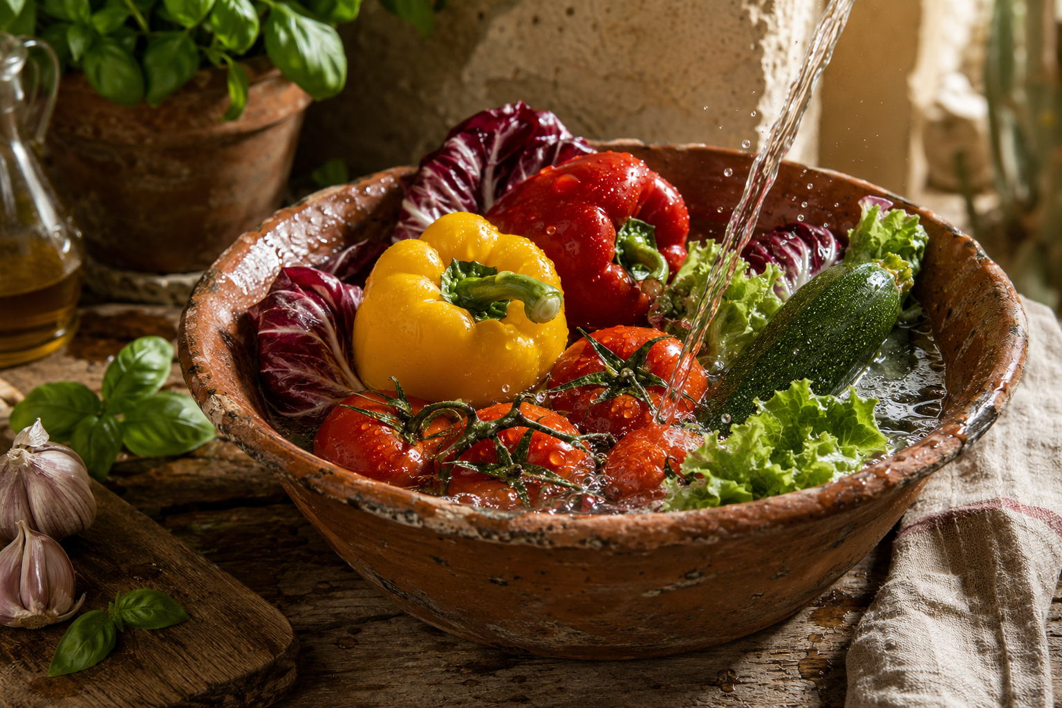 Frutas, verduras e legumes sendo lavados em uma pia limpa com água corrente