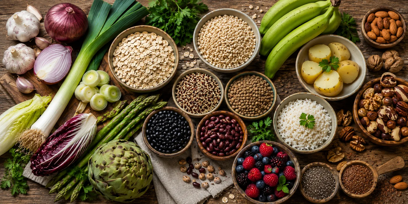 Alimentos fonte de fibra prebiótica: grãos integrais, leguminosas, vegetais, frutas, sementes e oleaginosas