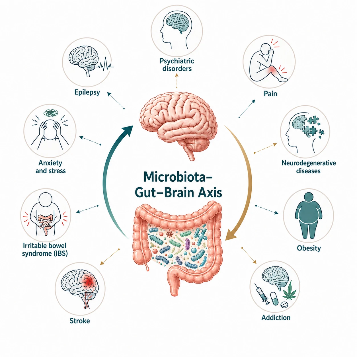 Illustration of the microbiota-gut-brain axis and its association with epilepsy, psychiatric disorders, pain, neurodegenerative diseases, obesity, addiction, stroke, irritable bowel syndrome and anxiety/stress