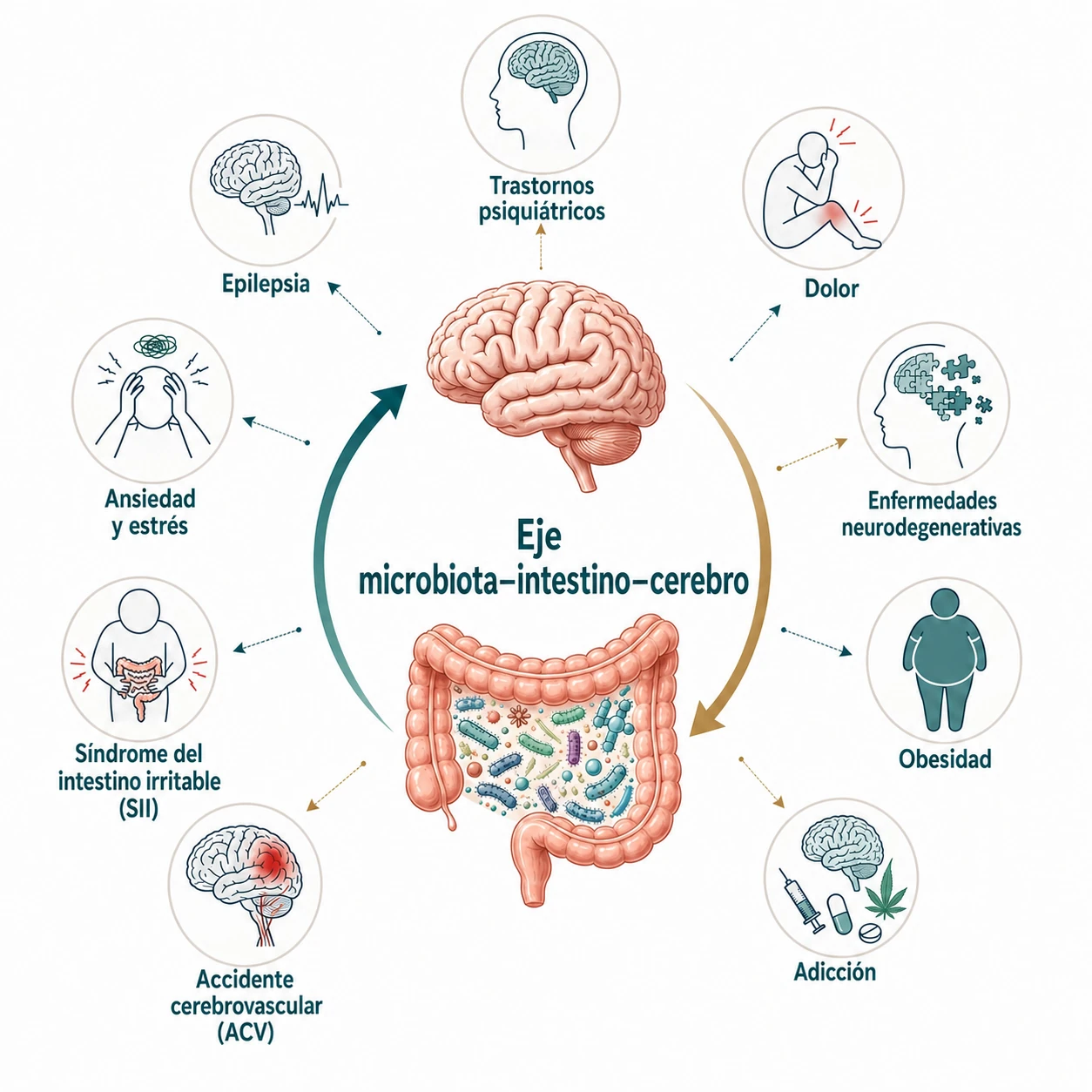 Ilustración del eje microbiota-intestino-cerebro y su asociación con epilepsia, trastornos psiquiátricos, dolor, enfermedades neurodegenerativas, obesidad, adicción, ictus, síndrome del intestino irritable y ansiedad/estrés