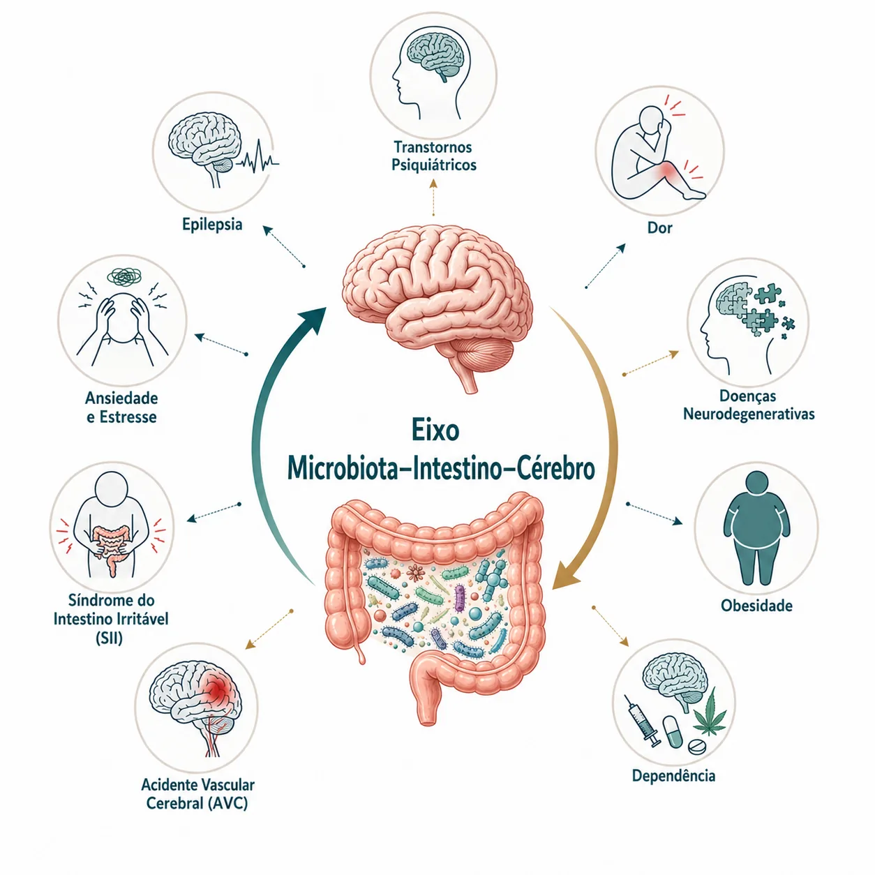 Ilustração do eixo microbiota-intestino-cérebro e condições associadas