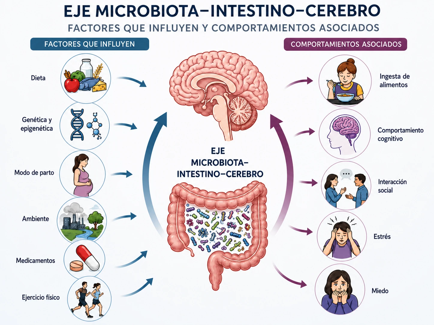 Ilustración de los factores que moldean la microbiota a lo largo de la vida: dieta, genética, tipo de parto, entorno, medicamentos y ejercicio, y los comportamientos asociados