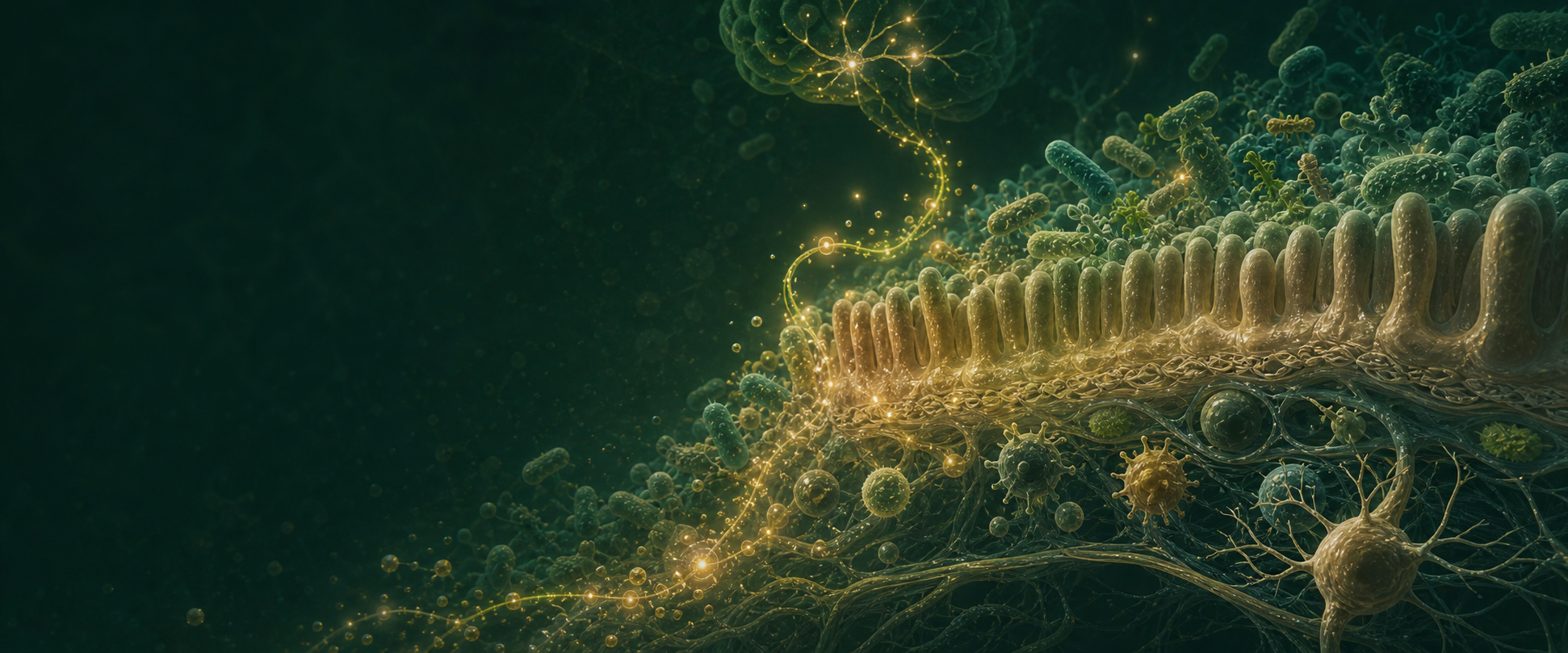 Ecossistema microscópico da microbiota intestinal conectado à barreira mucosa e à sinalização neural