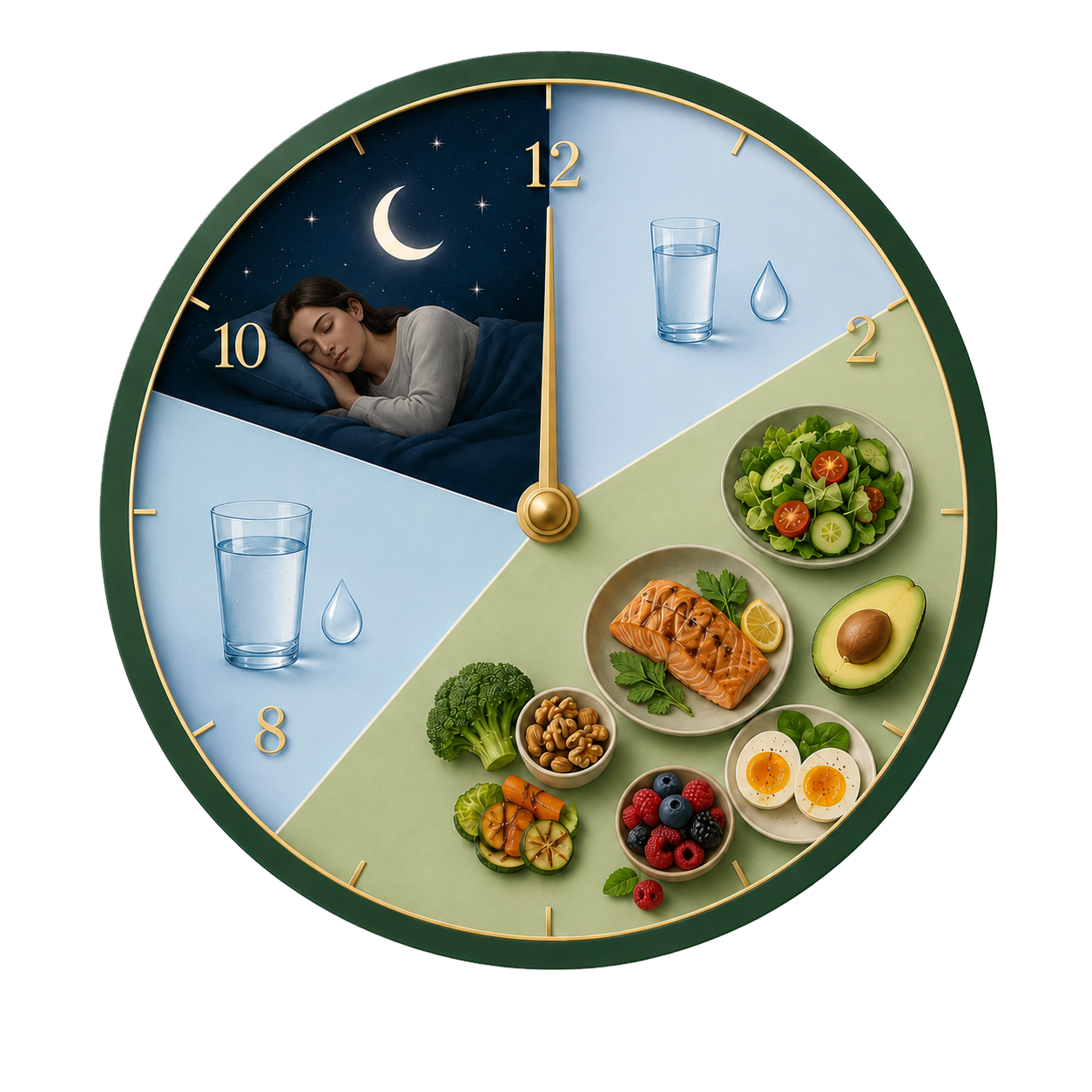 Relógio analógico premium mostrando janela de alimentação saudável das 14h às 20h, água nos intervalos e sono entre 22h e 0h