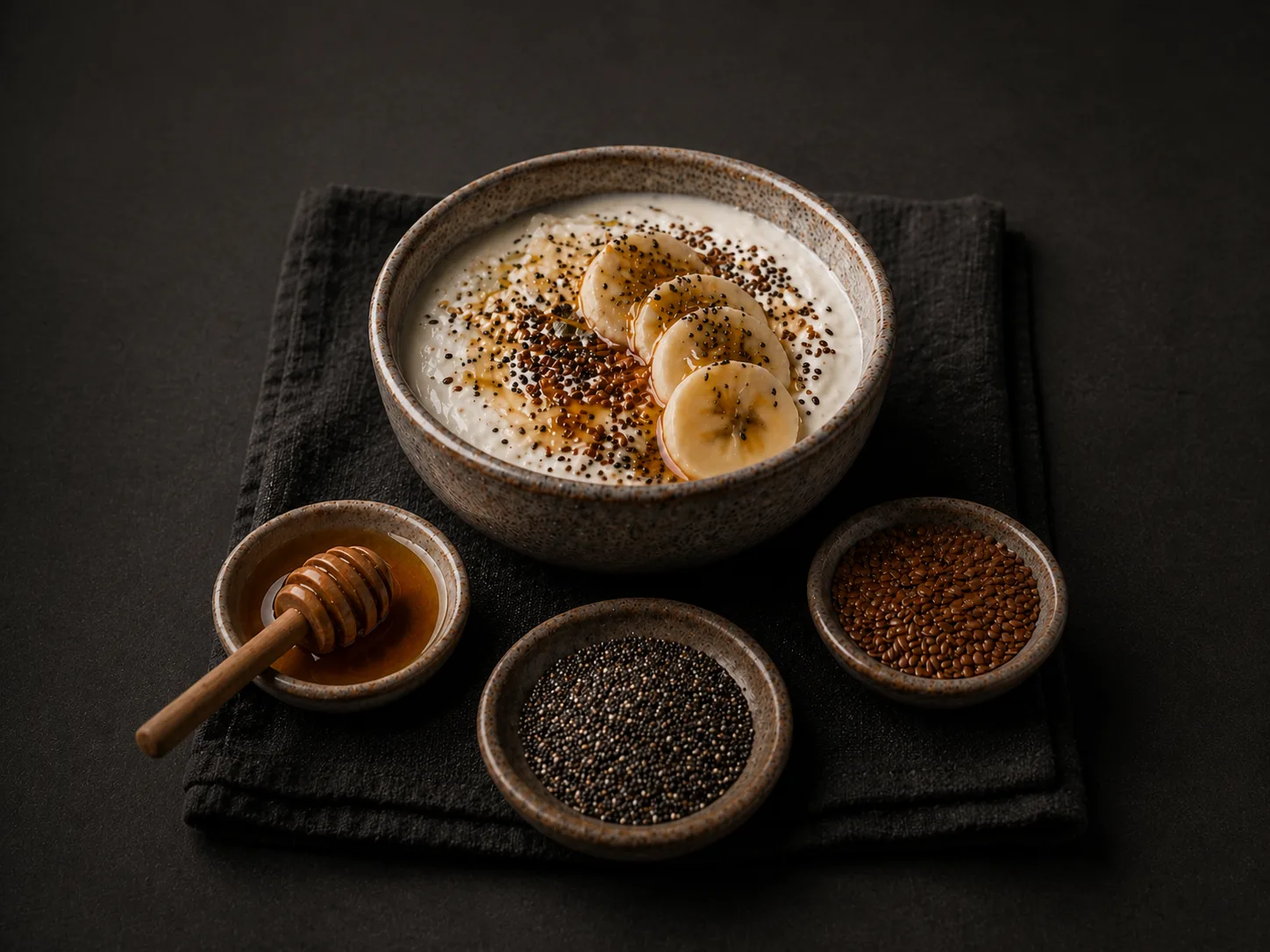 Iogurte de kefir com banana, chia, linhaça e mel