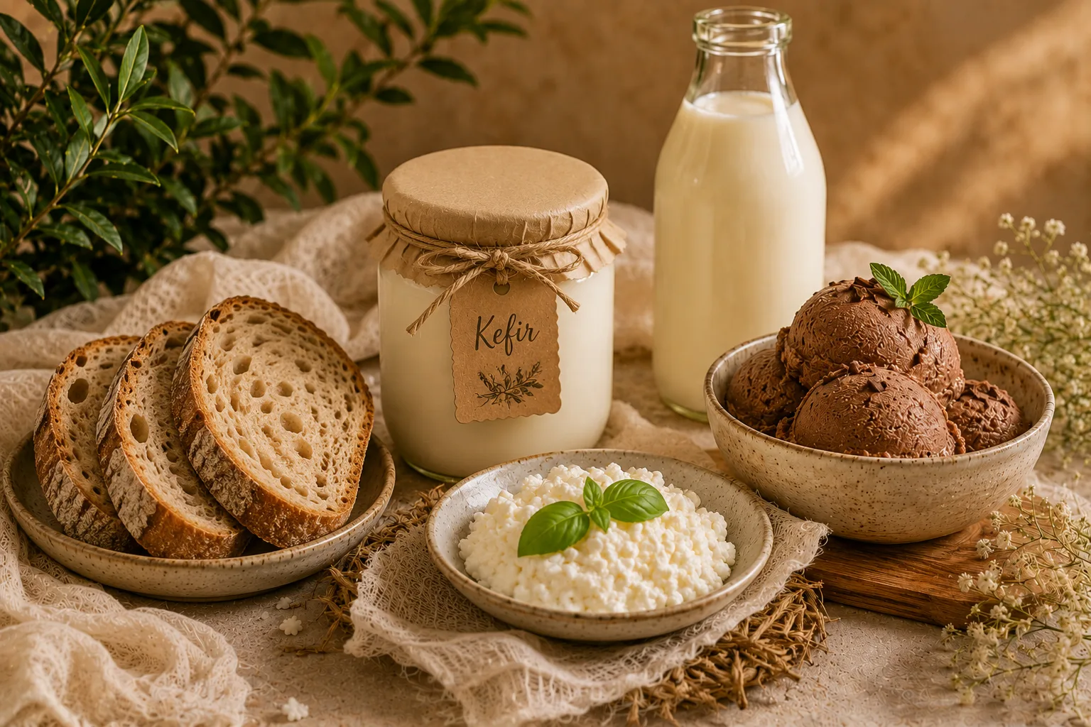 Kefir caseiro, queijo de kefir, sorvete e pao artesanal