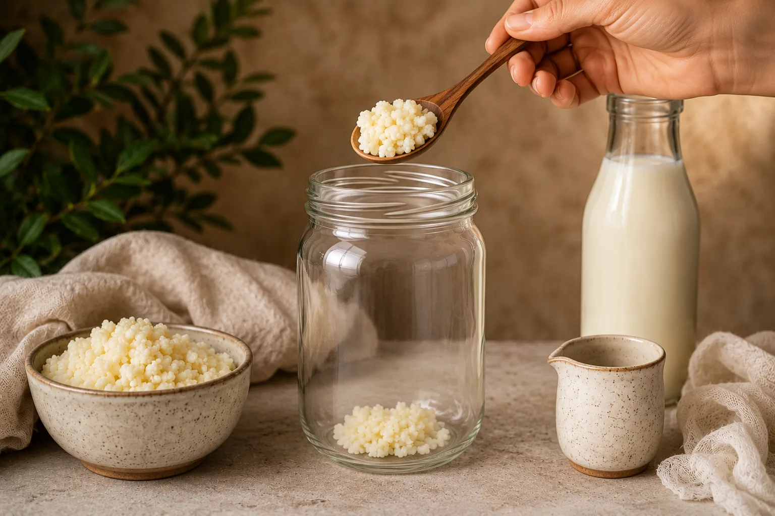Passo 1: adicionar os graos de kefir em pote de vidro limpo