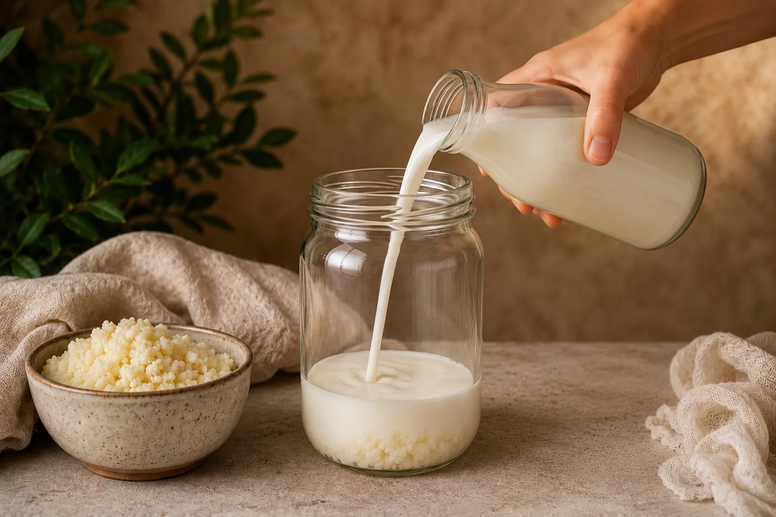 Passo 2: adicionar 200 a 300 mL de leite pasteurizado ao pote com os graos