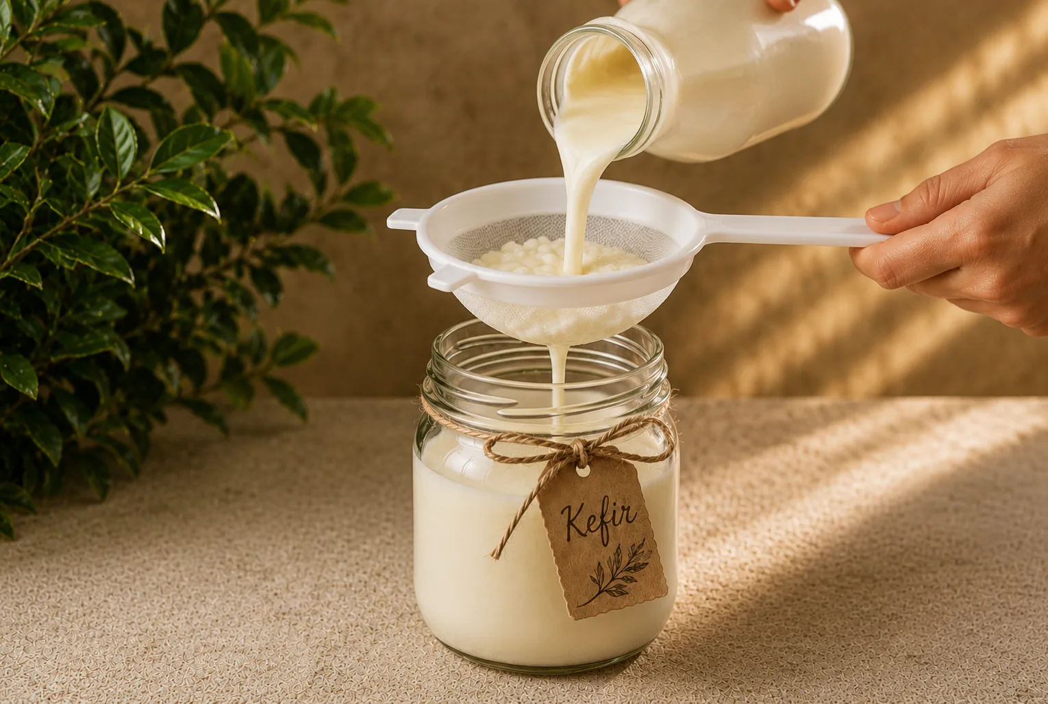 Passo 5: coar o kefir com peneira limpa para separar os graos