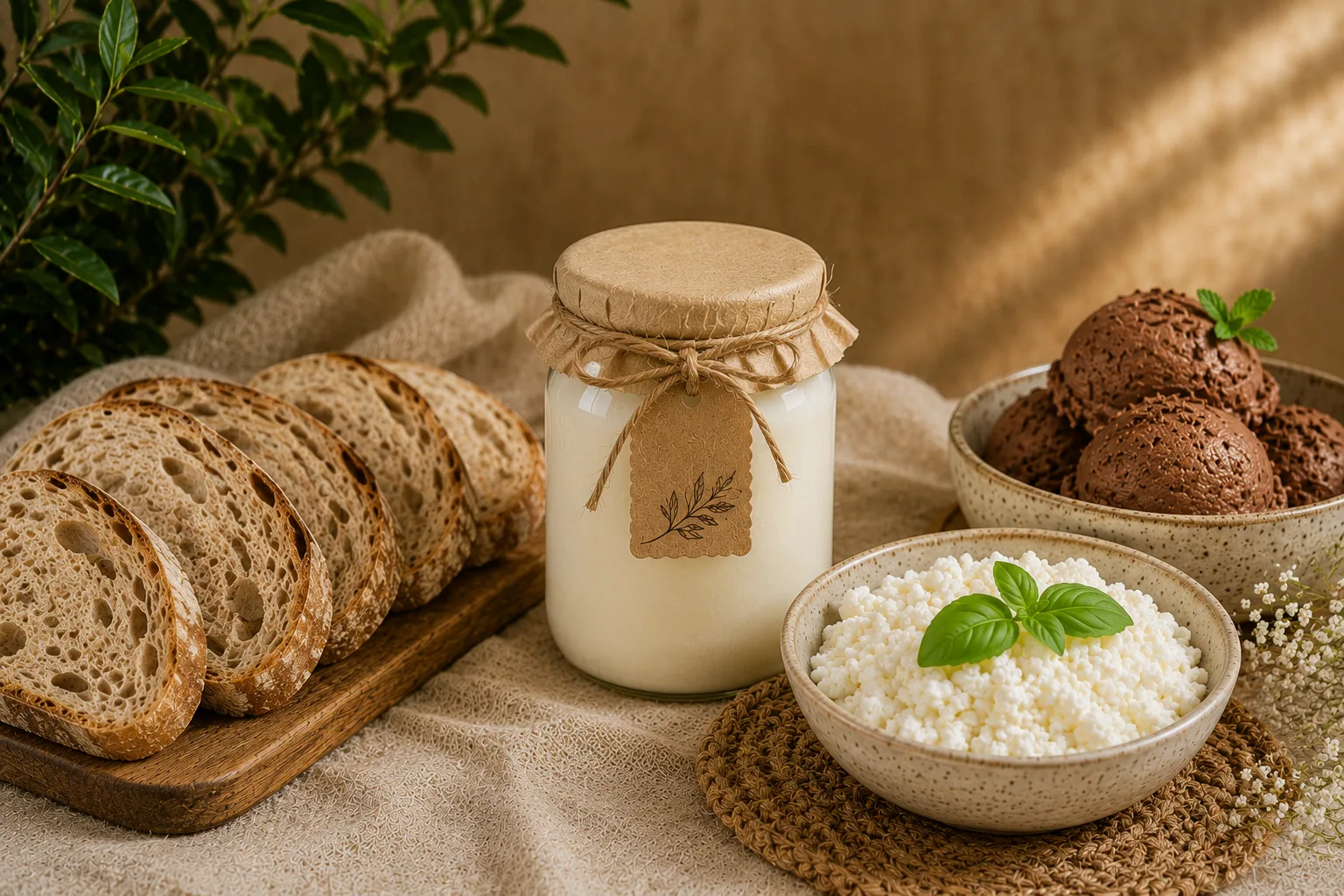 Kefir pronto em copo e garrafa de vidro para armazenar na geladeira