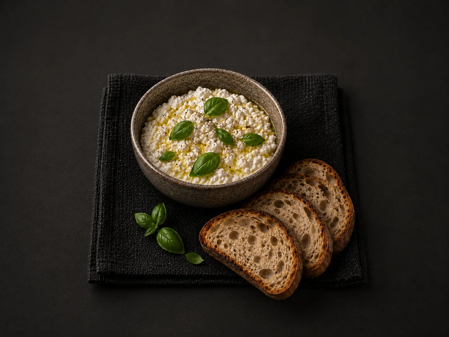 Queijo cottage de kefir com azeite e manjericao servido com pao