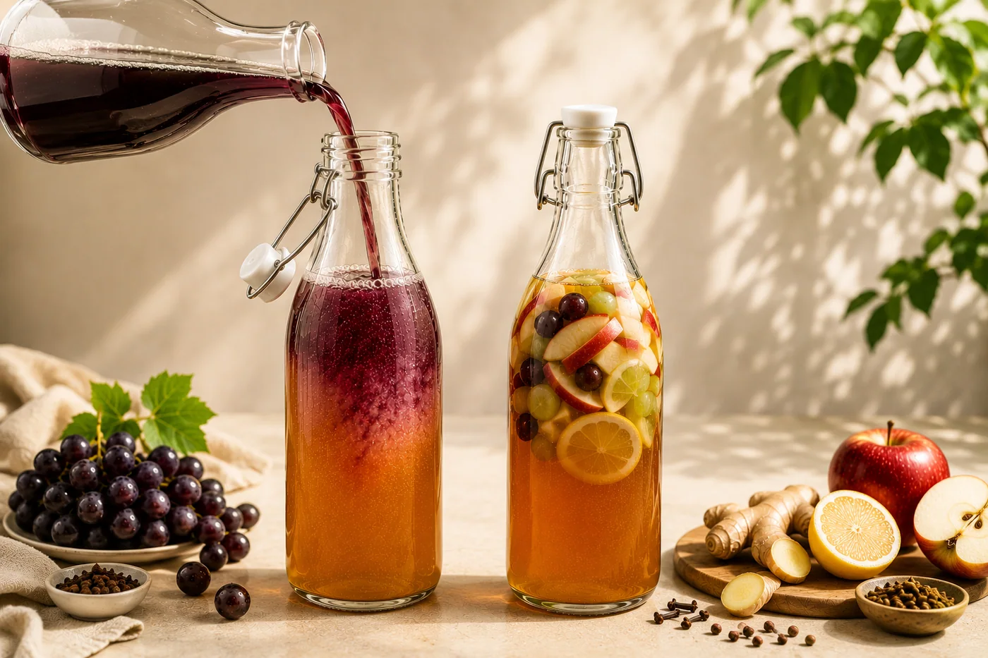 Kombucha e frutas sendo colocadas em garrafas próprias para a segunda fermentação