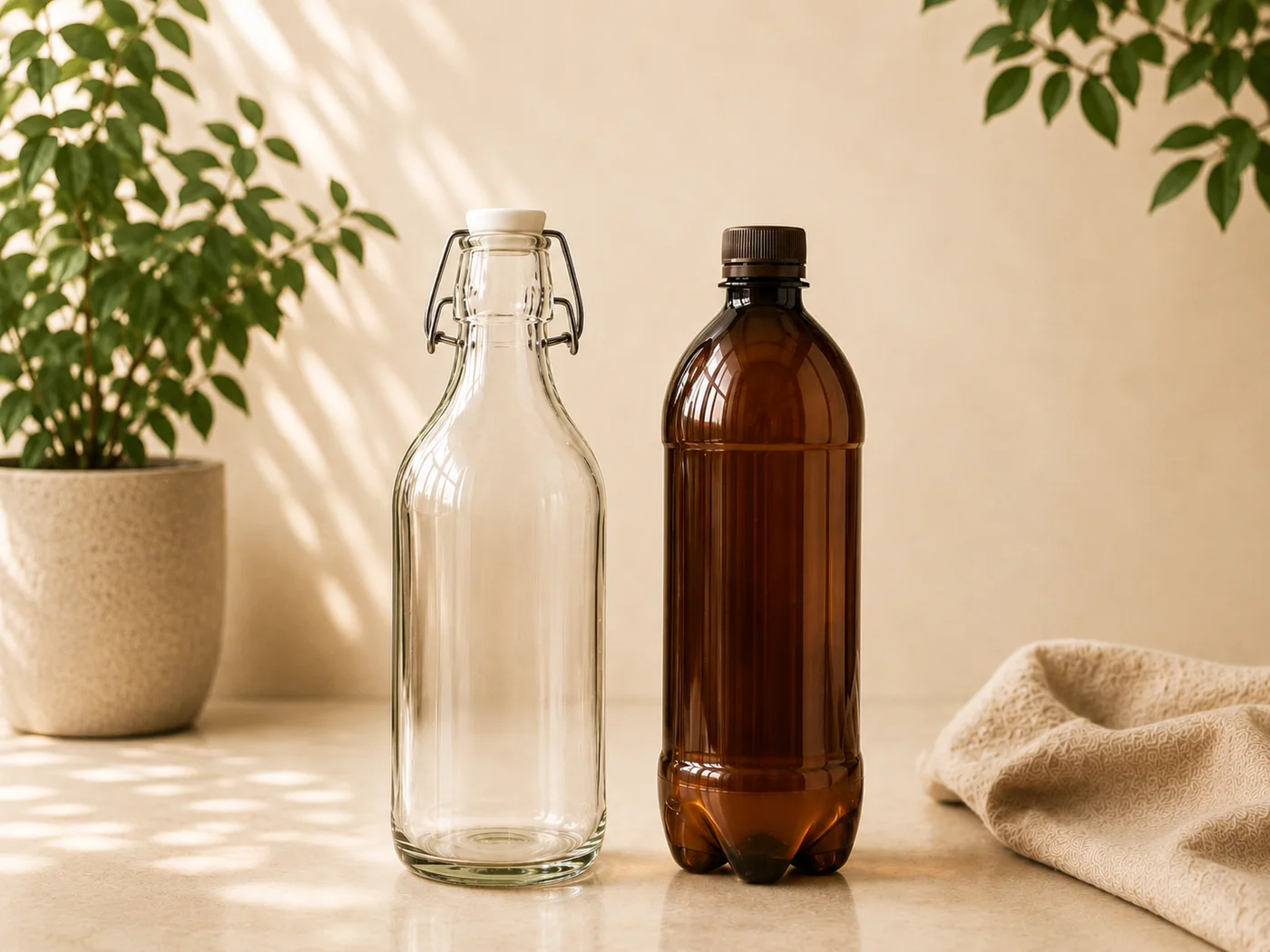 Comparação entre garrafa de vidro própria para fermentados e garrafa PET