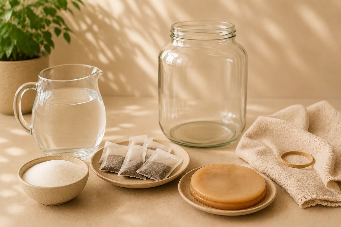 Água, chá, açúcar, SCOBY, pote de vidro, pano e elástico para preparar kombucha