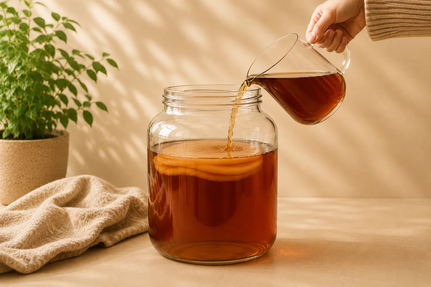 Etapa 2 da primeira fermentação: chá sendo adicionado ao frasco com SCOBY