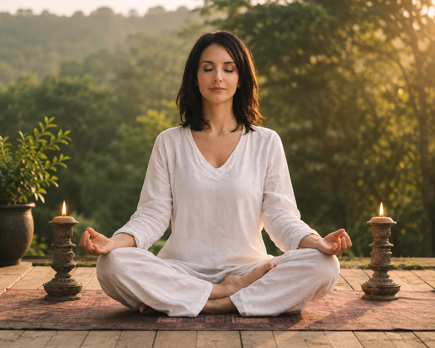 Mulher meditando em postura de lótus ao ar livre, com expressão serena e luz dourada do fim de tarde