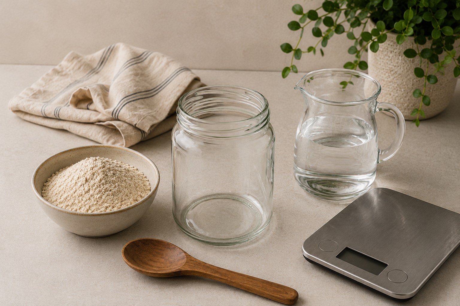 Materiais para criar o levain: pote de vidro, balança, colher, farinha integral e água
