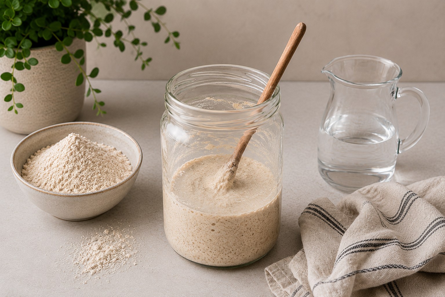 Mistura inicial de farinha e agua para iniciar o levain