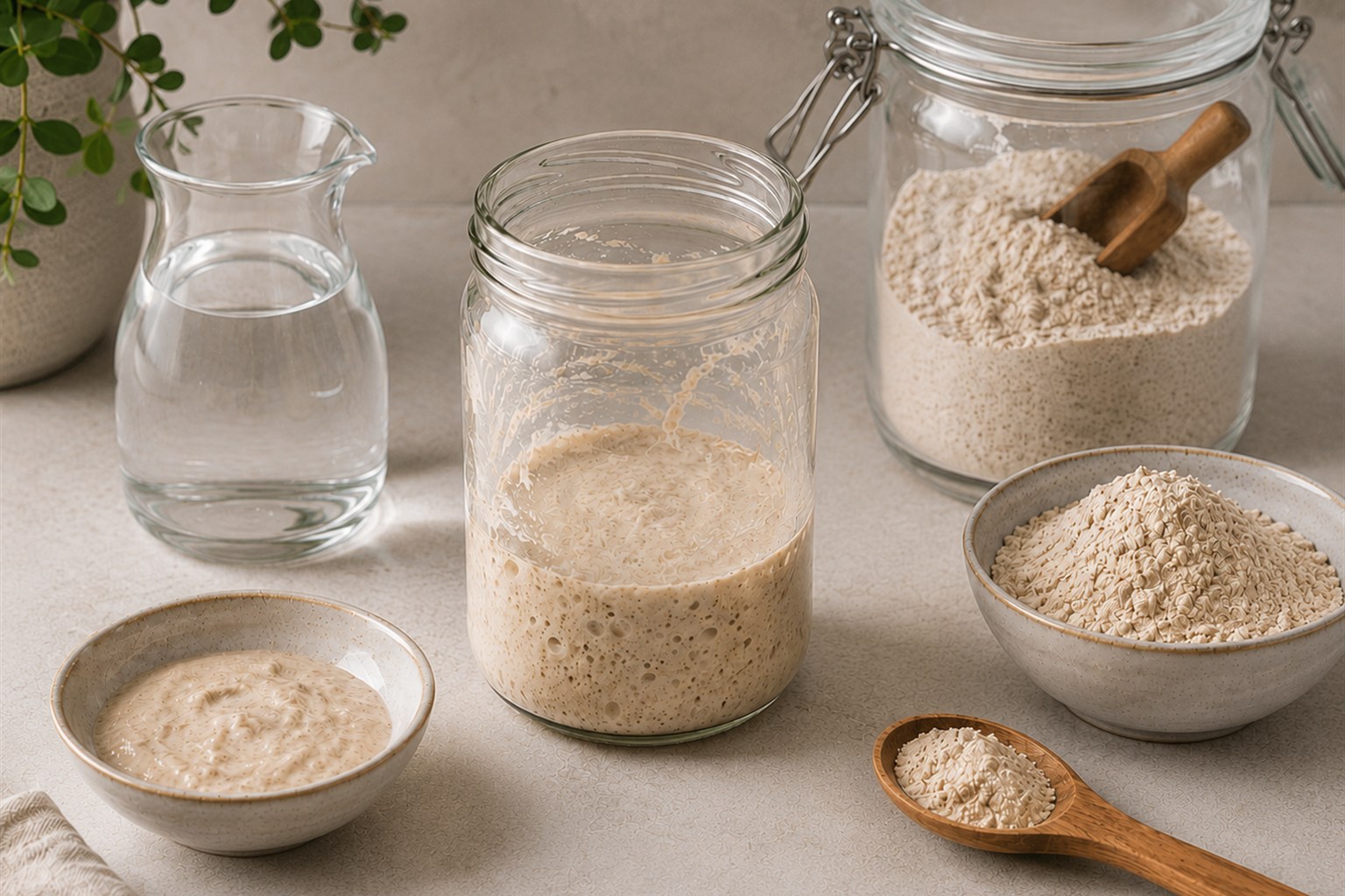 Descartar metade do levain e alimentar com farinha e agua na mesma proporcao