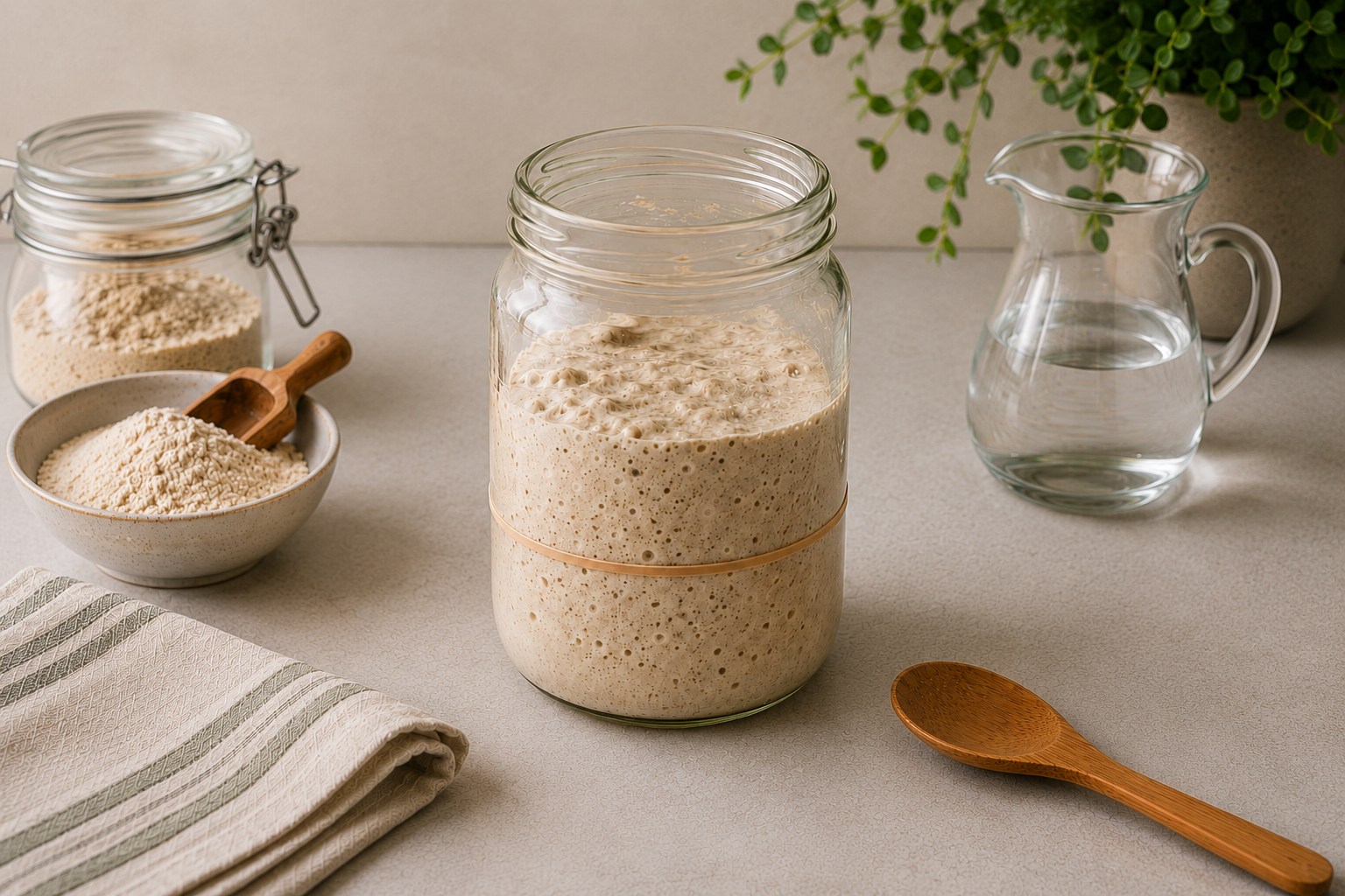 Levain em fermentacao ativa com bolhas em todo o pote