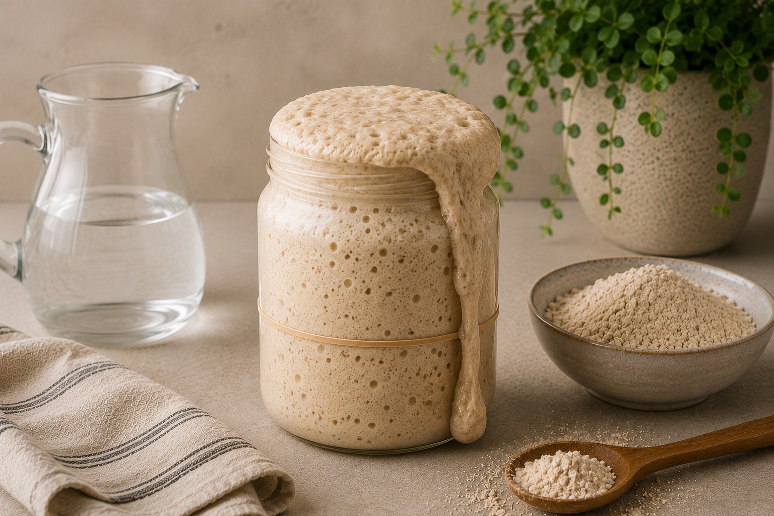 Levain no pico de fermentacao, pronto para uso, dobrado de volume e cheio de bolhas